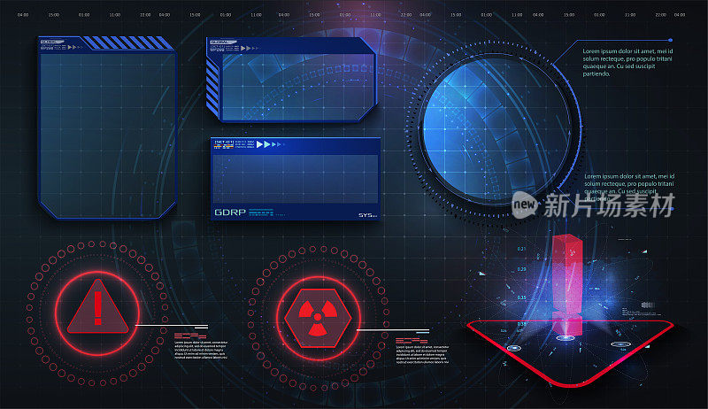 HUD, UI, GUI futuristic user interface screen elements set. High tech screen for video game. Sci-fi concept design. Callouts titles. Modern banners, frames  of lower third. Red. Vector illustration